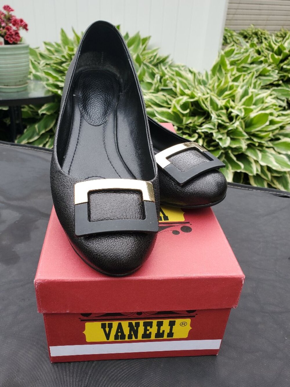Vaneli Black Flats with Square Buckle Detail on toe Size 7.5M